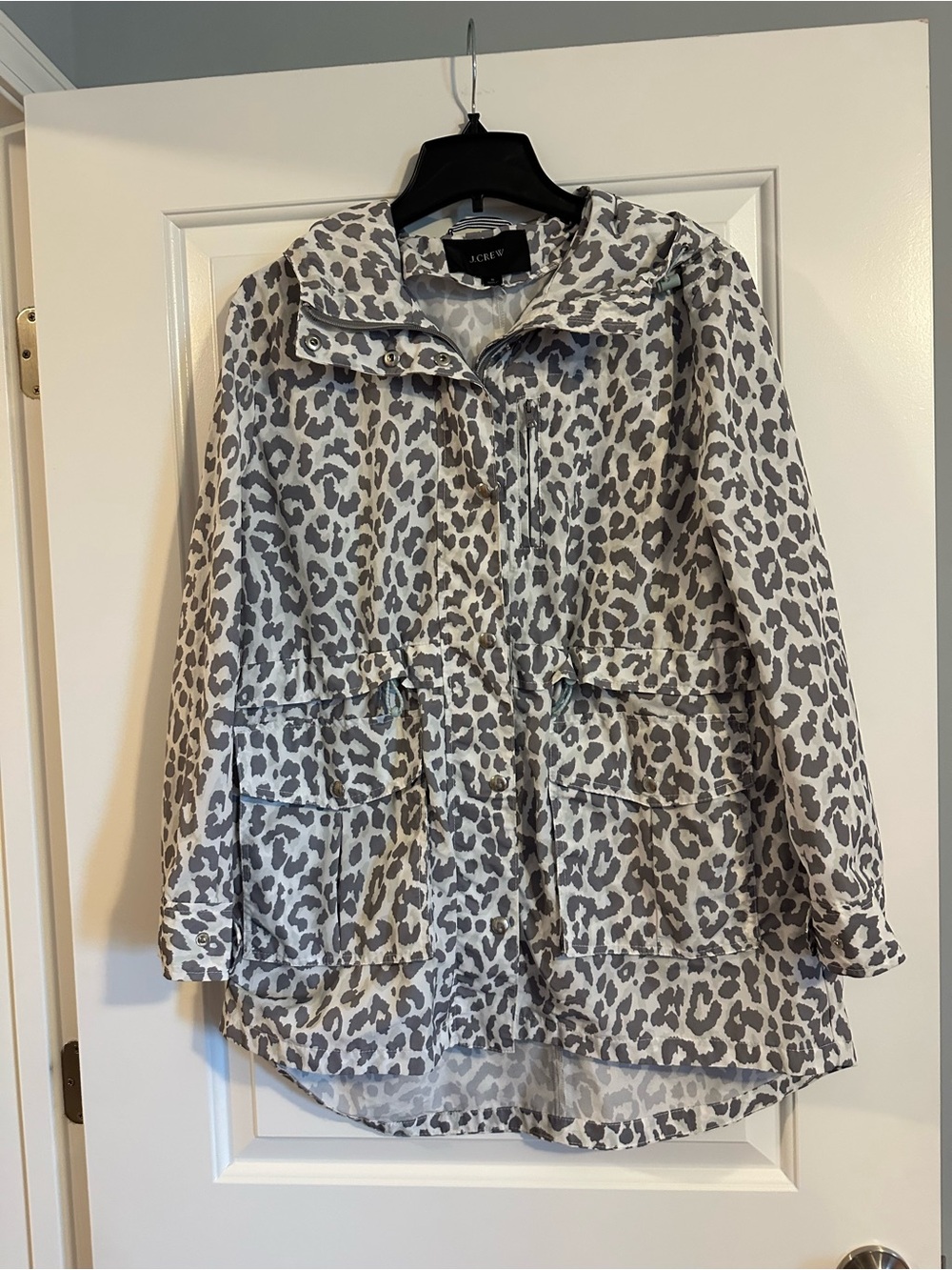 J. Crew raincoat, grey and white leopard print, small